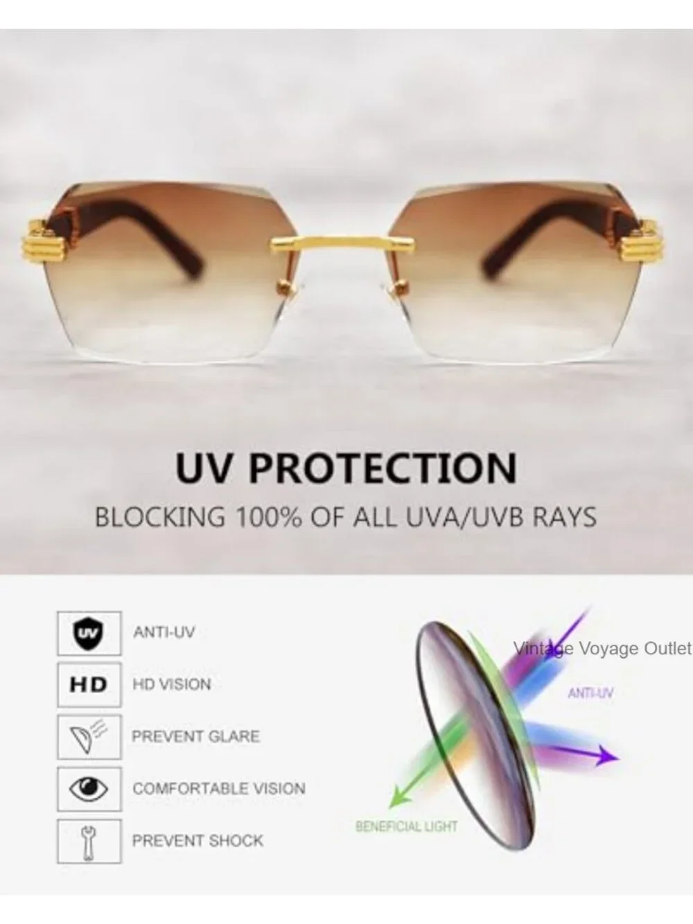 Rimless Rectangular Sunglasses UV400 Metal Frame Y2K Streetwear Trendy Shades